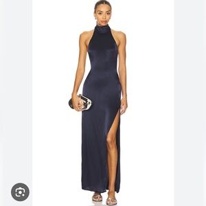 REVOLVE Navy High-Neck Satin Maxi Dress with Side Slit